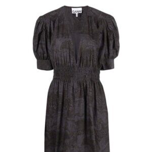 GANNI Shirred Printed Organic Cotton-poplin Midi Dress In Phantom